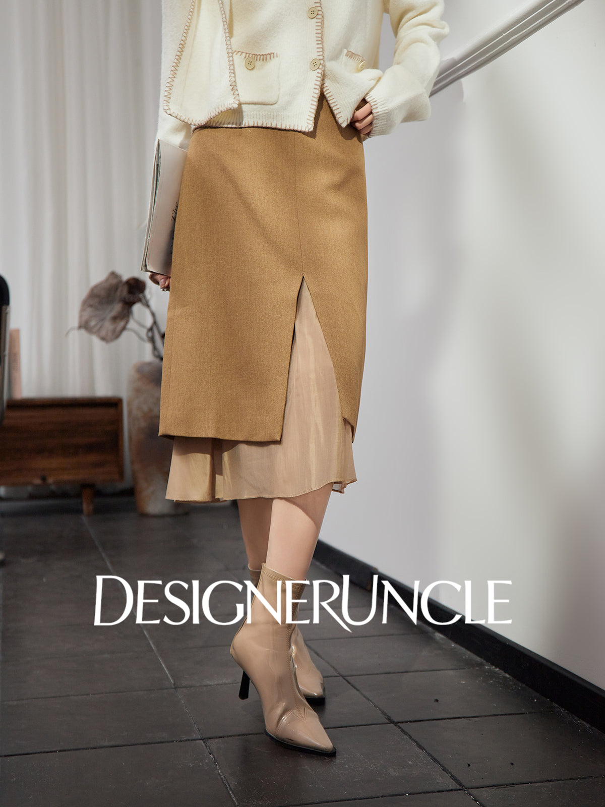 DGU "Lumu" coffee slit design high-end commuter long skirt - Ryan.