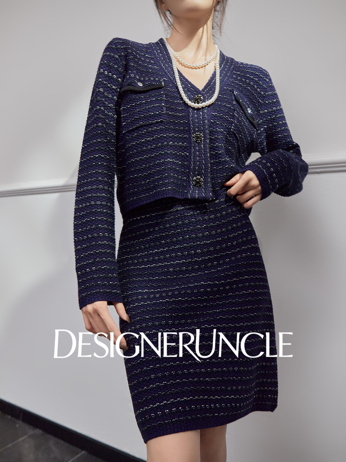 DGU|Royal Blue SSmall Fragrance V-Neck Elegant Knitted Top Two-Piece Set.
