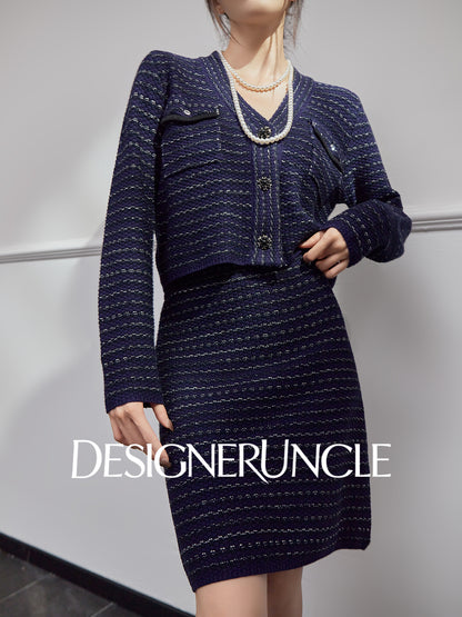 DGU|Royal Blue SSmall Fragrance V-Neck Elegant Knitted Top Two-Piece Set.