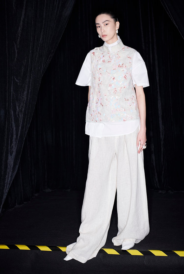 M essential Mackay designer beaded pavé embroidered linen vest - ELONIA.