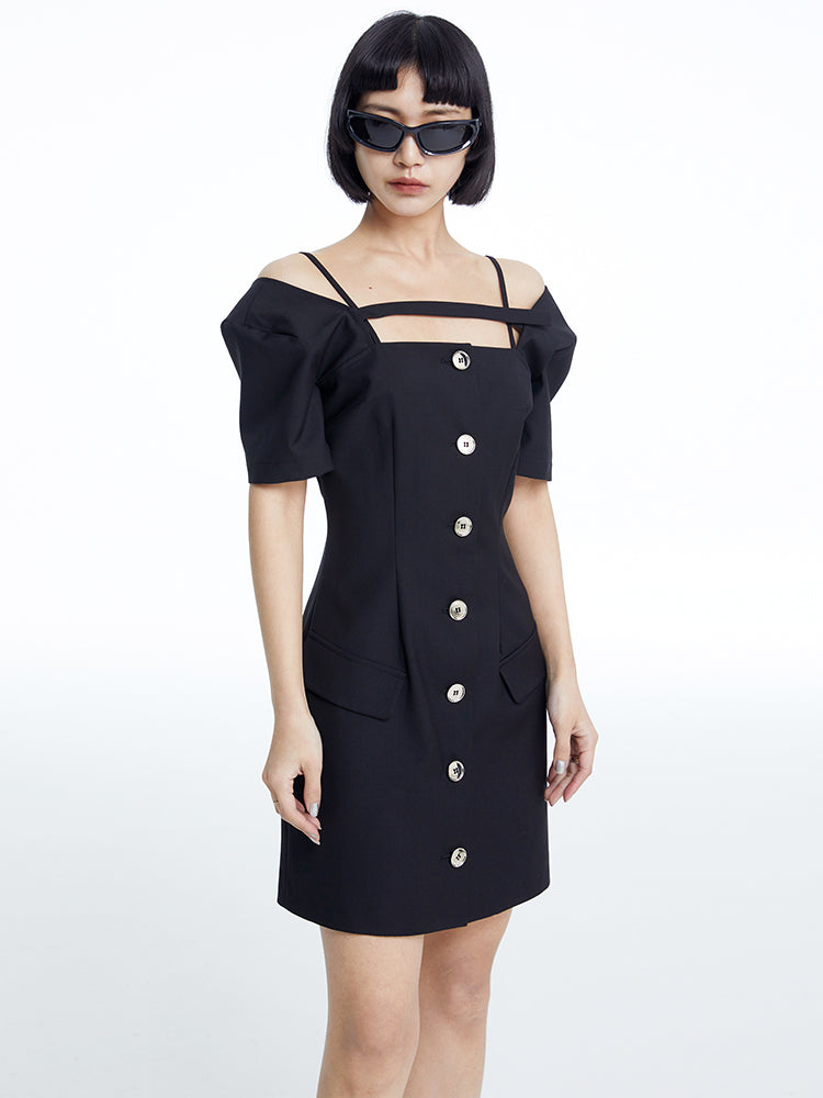 TINY IN dropped shoulders short sleeve square neck little black dress -JAJA