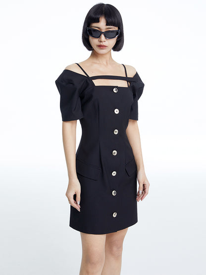 TINY IN dropped shoulders short sleeve square neck little black dress -JAJA
