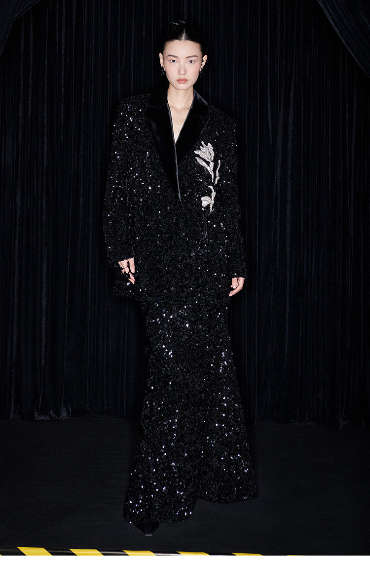 M essential Mackay designer orchid embroidery sequins jacket pencil slit skirt suit - tev.