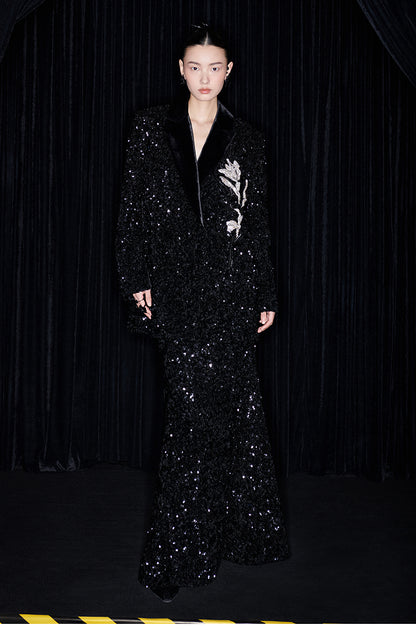 M essential Mackay designer orchid embroidery sequins jacket pencil slit skirt suit - tev.