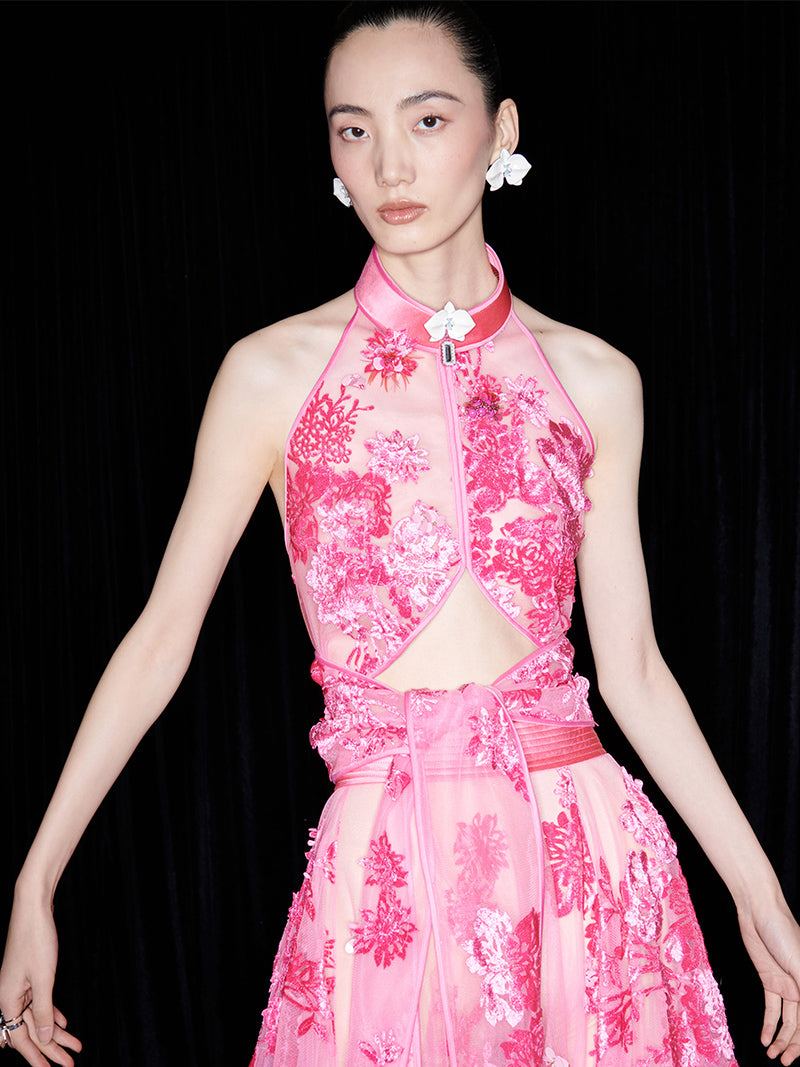 M essential Ma Kai designer falling flower embroidery nail bead lace-up top - PACK.