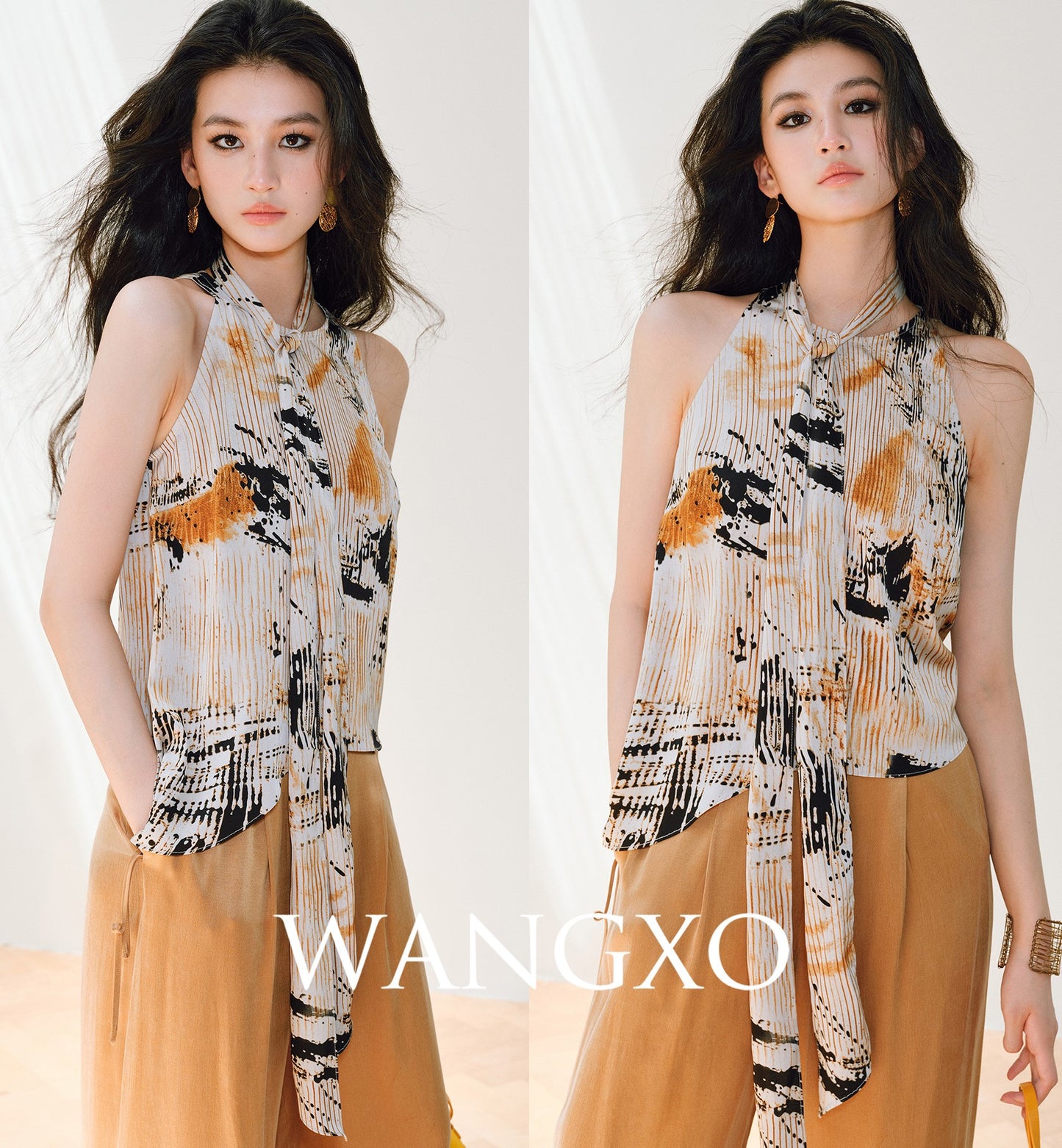 WANGXO | Satin Oil-Paint Floral Shadow Silken Drape Top -EVELISE.