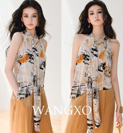 WANGXO | Satin Oil-Paint Floral Shadow Silken Drape Top -EVELISE.