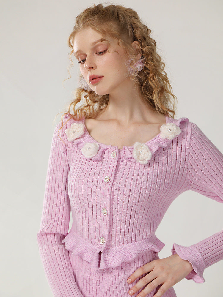 CHECOCRE Stunning Three-dimensional Crochet Pink Flower Contrast Two-piece Set - JOSHUA