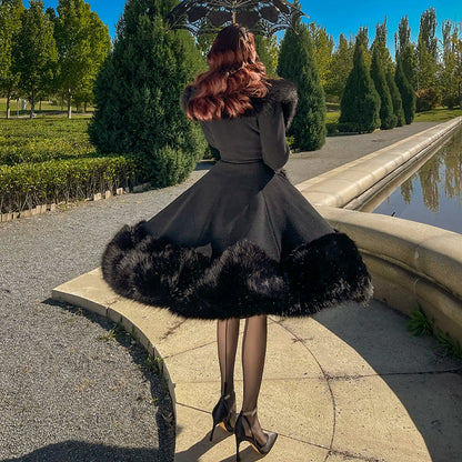 le palais vintage heavy luxury fur woolen big skirt black coat - Deks