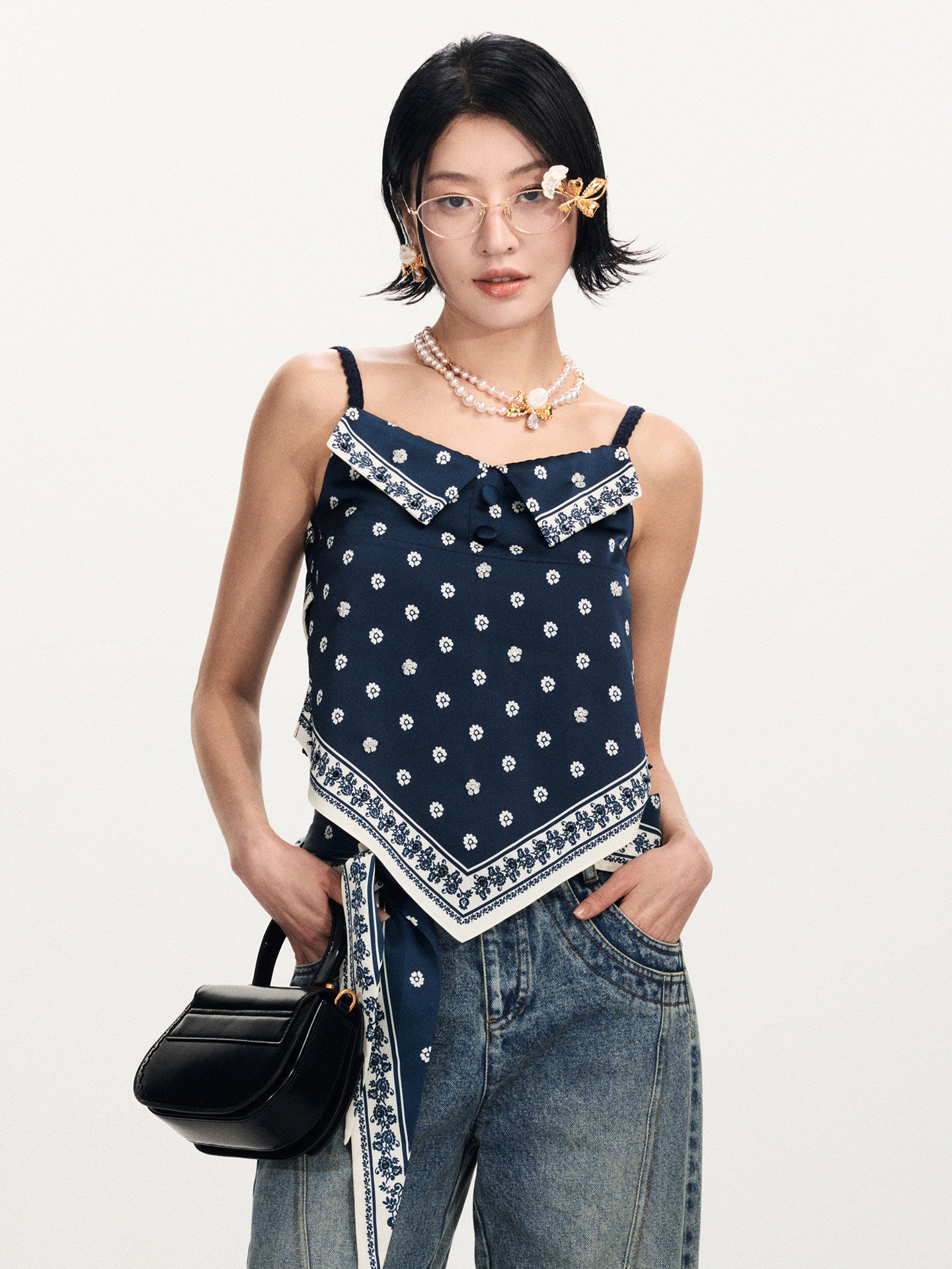 FAME Beaded Printed Scarf Deconstructed Camisole Top