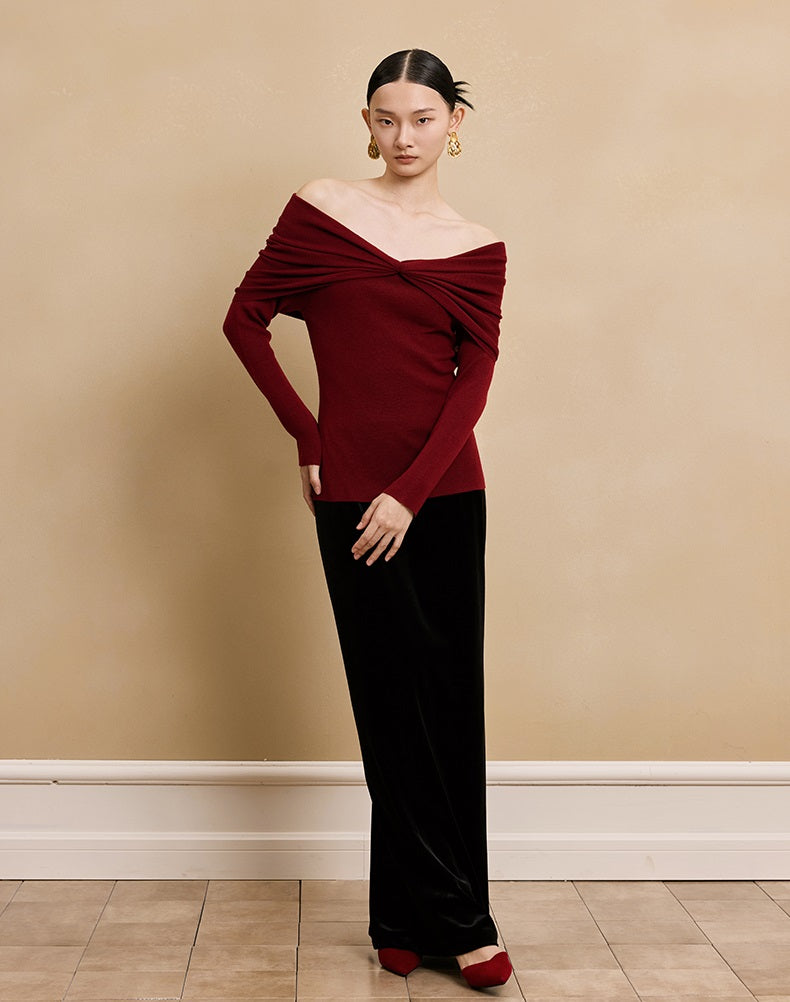 HECO  long-sleeved black red knitwear off-the-shoulder spring - DREAM.