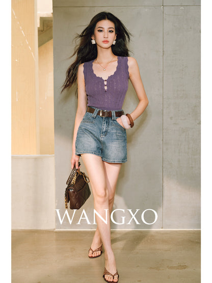 WANGXO |Micro A-Line High-Waisted Lightweight Denim Shorts with Vintage Finish -ZINA