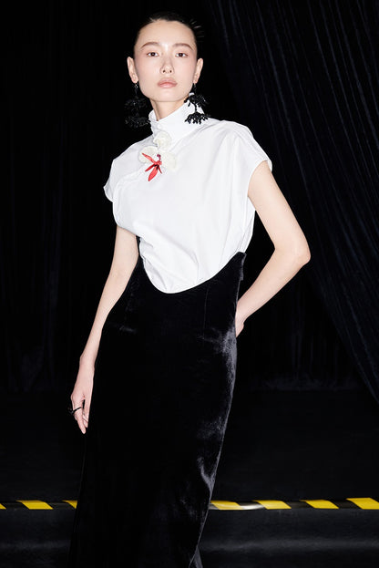 M essential Mackay designer bloom white dense cotton sleeveless stand-up collar shirt - NEON.