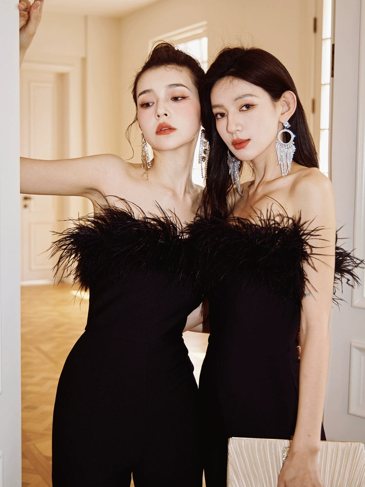 DOLLY High End Black Sleeveless Feather Tube Top Long Flared Pant Jumpsuit-PALMER