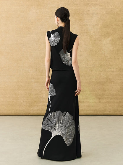 HECO Chinese draped skirt summer fashion ginkgo print skirt set - AFLORAL.