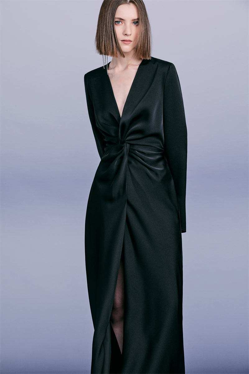 PURITY elegant black V-neck silky satin dress - Raelin
