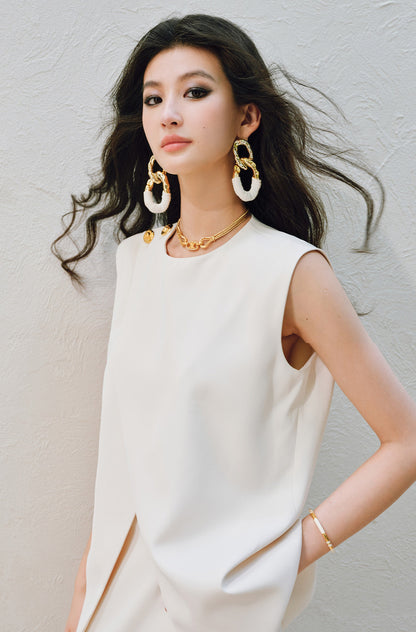 WANGXO Elegant Commuter-Style Diagonal Placket with Loose Pleated Slit Vest & Skirt Suit Set -NALA
