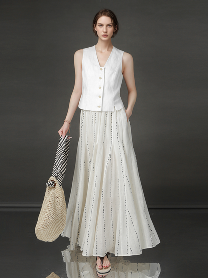 PIAOIN French dotted stripe micro fishtail skirt women's Tencel linen texture A-line skirt-CELESTE