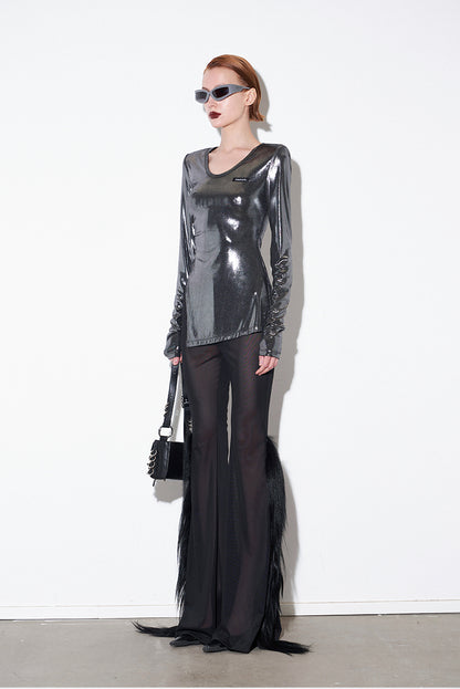 ANNAKIK designer model Silver gray pinch pleated diagonal slit long sleeve top-ICHIGO