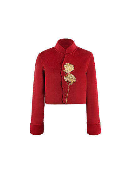 HECO 100% wool Embroidery Red black Short Double-Sided Tweed Jacket Women - out.