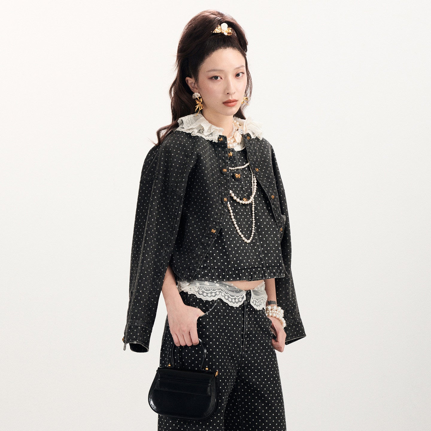 FAME Double-Collar Polka-Dot Denim Jacket - ELOWEN