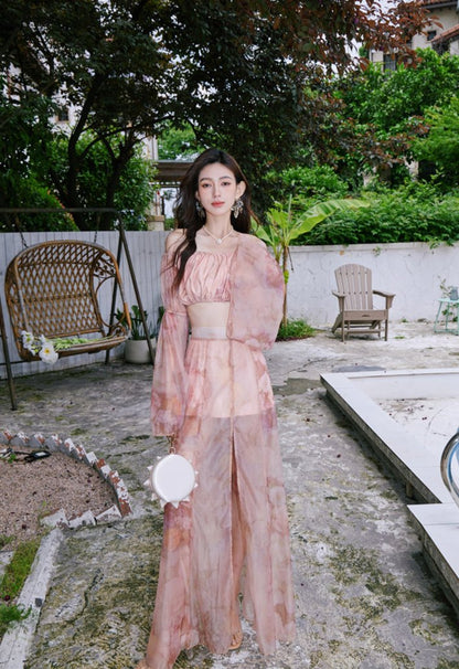 DOLLY Luxury Retro French Style Long Sleeve Top+ Retro Print Midi Slit Skirt-BIANCA