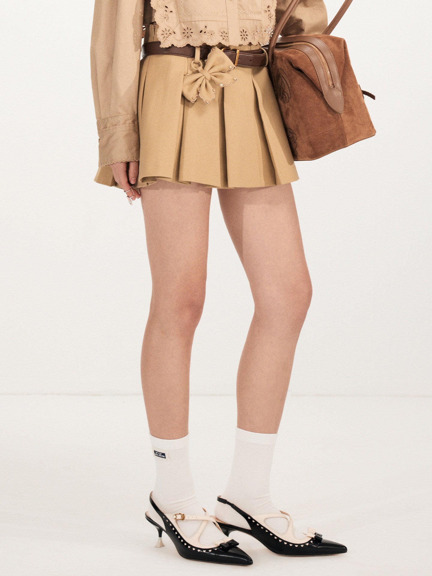 FAME A-line bow ornament pleated brown skirt with belt - ANDY.