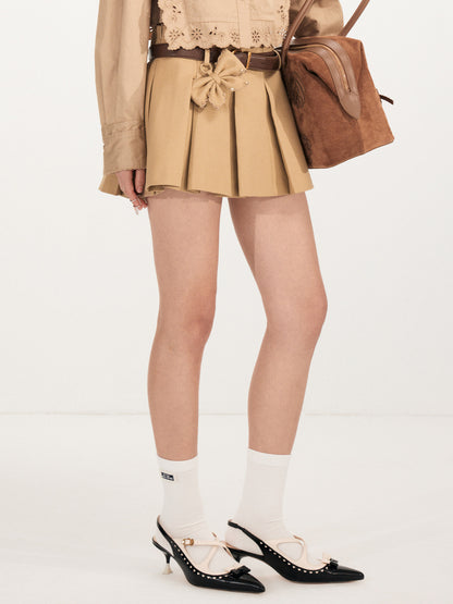 FAME A-line bow ornament pleated brown skirt with belt - ANDY.