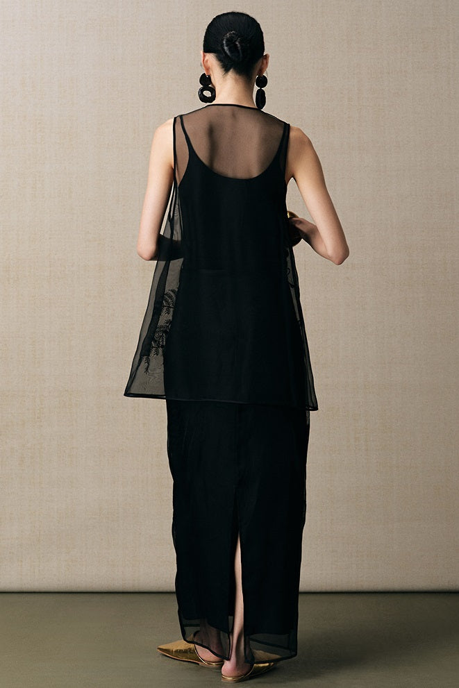 ZHUCHONGYUN organza curved lined silk straight skirt-FAB.
