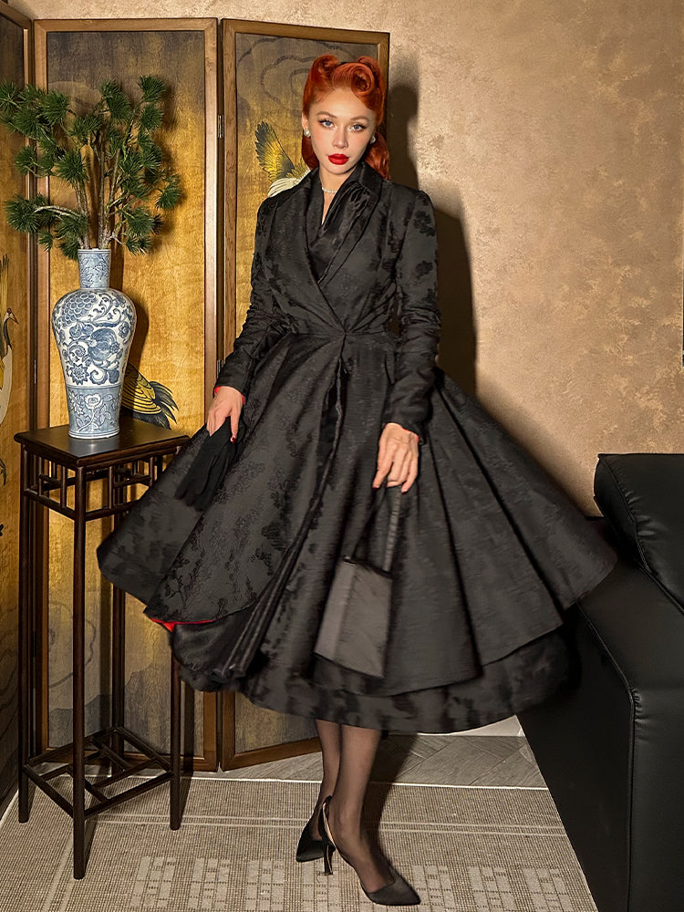 Le Palais Vintage Heavy Vintage Lace Dark Pattern False Waist Seal Bat-Sleeve Swing Dress-FAFA