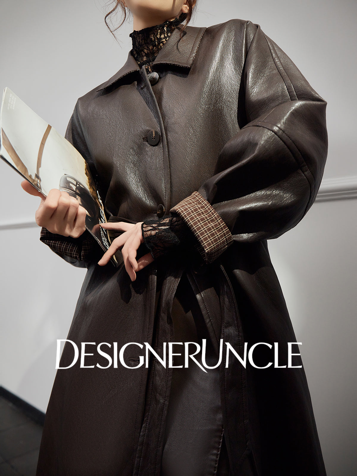 DGU|Tan leather loose slimming high-end mid-length leather jacket - Louisa.