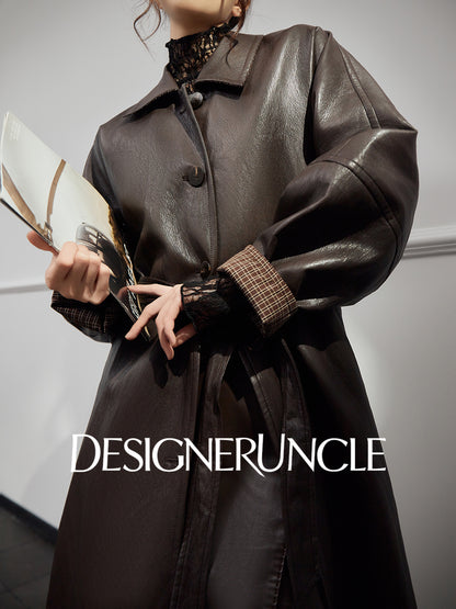 DGU|Tan leather loose slimming high-end mid-length leather jacket - Louisa.