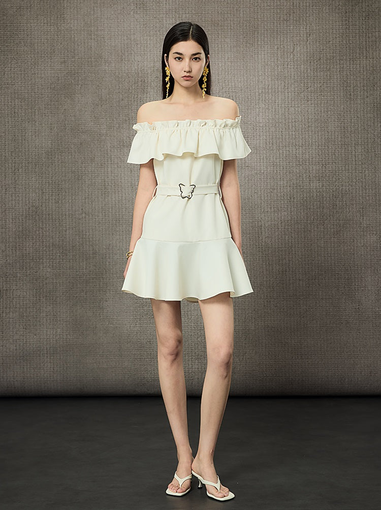 HECO Off Shoulder Ruffle Short Cinched Waist Dress  - SECRET.