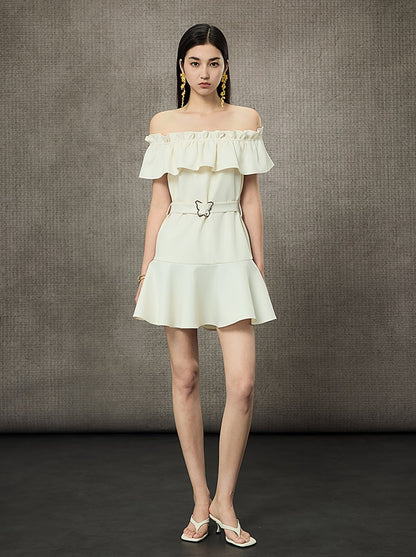 HECO Off Shoulder Ruffle Short Cinched Waist Dress  - SECRET.