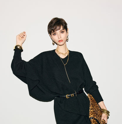 ANNASPEAK  Wool V-Neck Dress Shawl Knit Set Winter-KIKI.