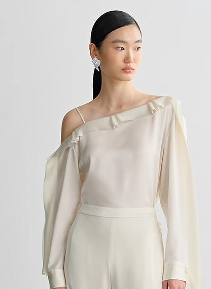 COMME MOI Lv Yan designer summer slanted lace top off-the-shoulder light shirt pants - ROMEO.