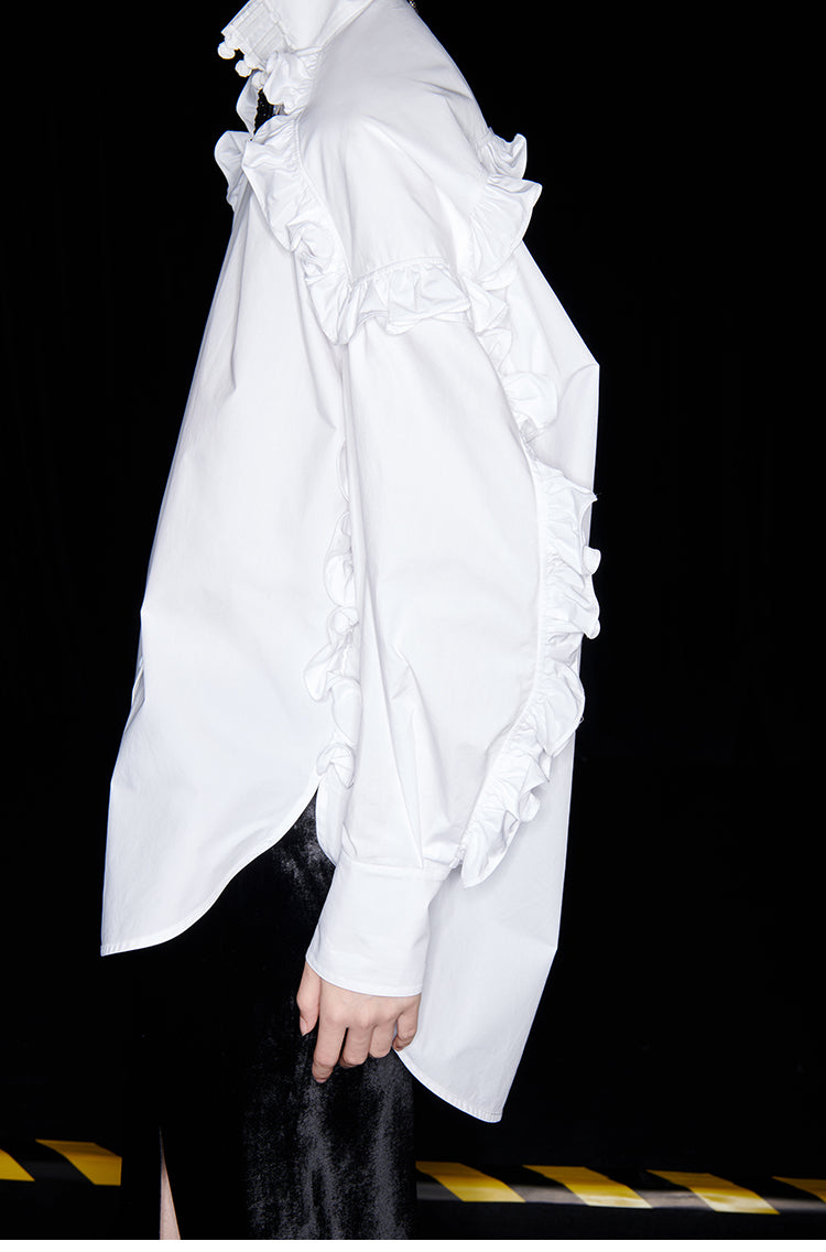 M essential Mackay designer white cotton three-dimensional ruffle trim shirt -  Tori.