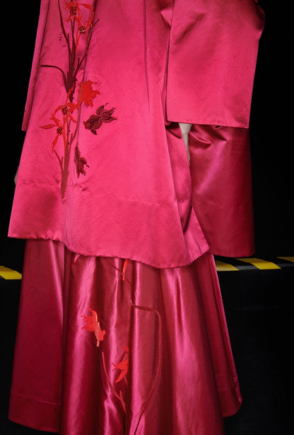 M essential Mackay designer red goldfish bead off shoulder top pleated skirt set- plum.