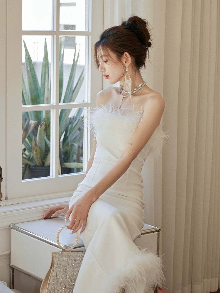 DOLLY Luxury White French Style Sleeveless Feather Tube Top Long Party Dress-HEIDI