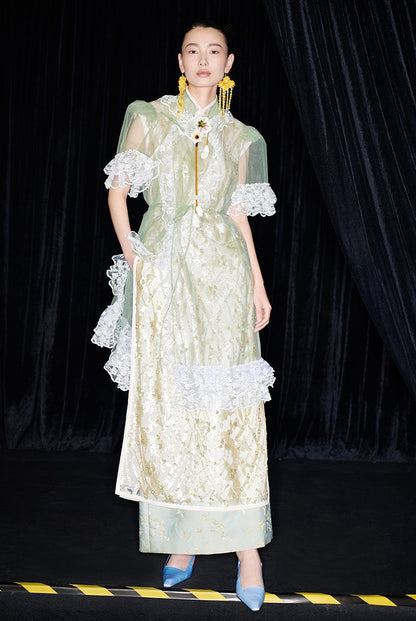 M essential Mackay designer Ear Mesh lace welt stand-up collar dress - DOUNT.