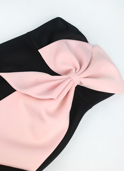 DOLLY Luxury French Style Chest Wrap Pink Bow Body Hug Black Cocktail Dress-ARETE