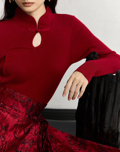 HECO Cheongsam Collar Hollow Buckle red black apricot Knitwear Slim Bottom - whom.