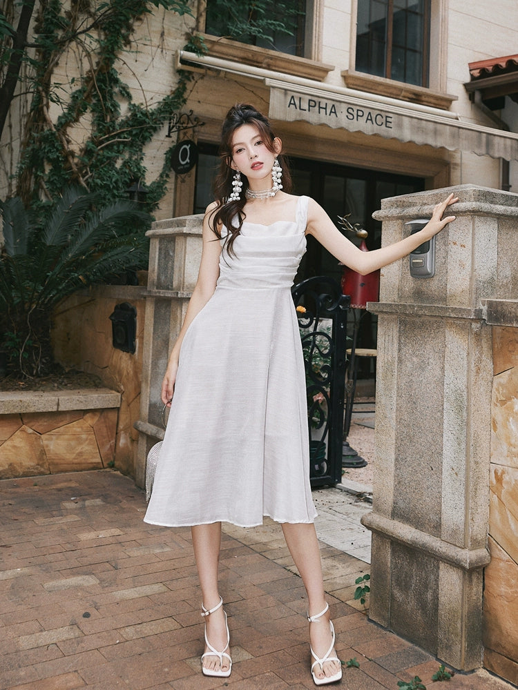 DOLLY Luxury White Retro Style Sleeveless Pleated Midi Suspender Dinner Dress-EUDORA