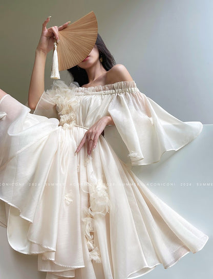 Aconiconi Luxury Off-Shoulder Flower Short Sleeve bridal baby doll Dress - Magnolia Lotus Fragrance
