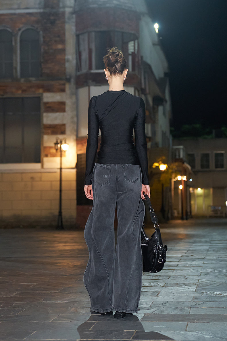 ANNAKIKI black pleated texture long-sleeved  top for women-VENUS