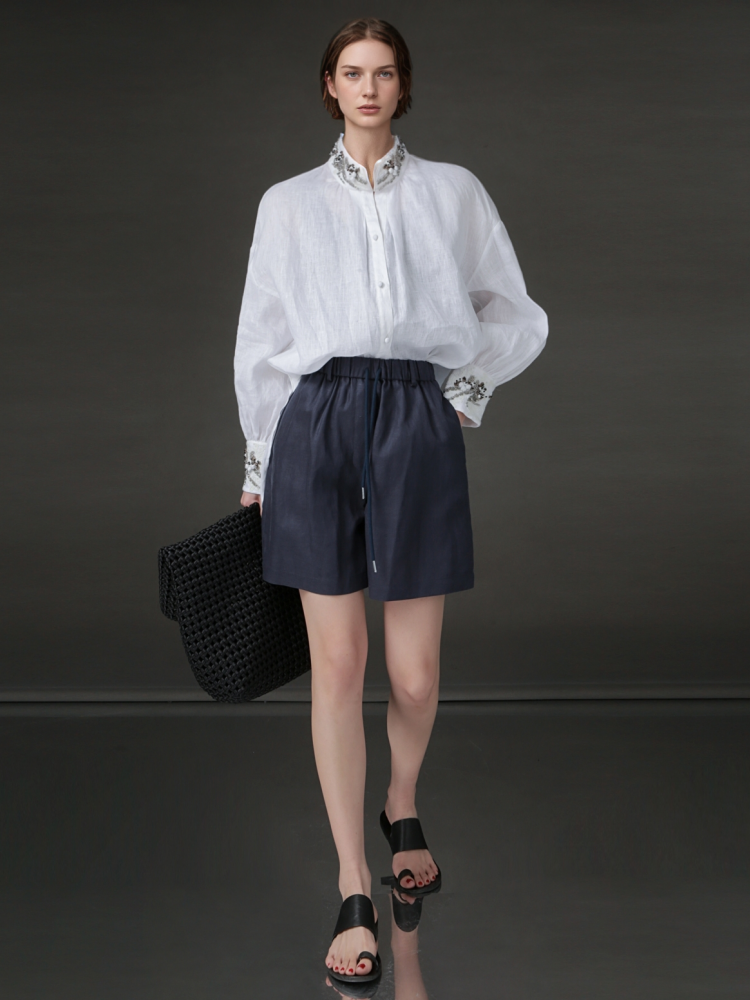 PIAOIN Light Luxury Tencsel Linen Elasticated Waist Drawstring Shorts Versatile Straight Pant-AMELIA