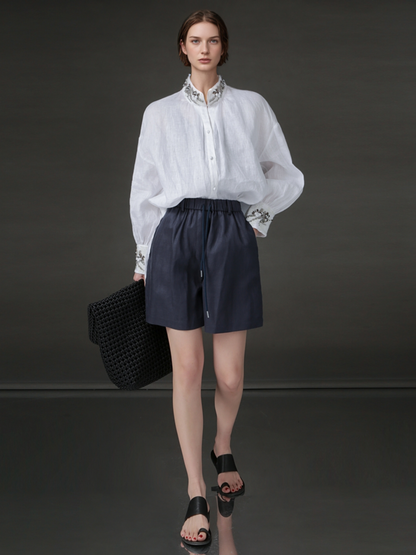 PIAOIN Light Luxury Tencsel Linen Elasticated Waist Drawstring Shorts Versatile Straight Pant-AMELIA