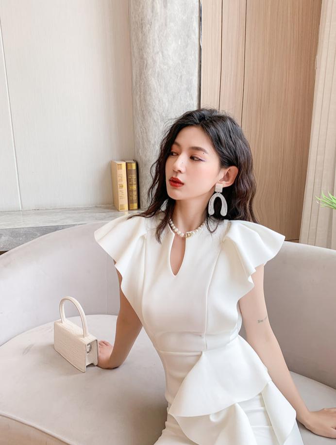 DOLLY Luxury V-Neck Short Sleeve High waist Slim Fit Irregular Hem Date Dress-LISA