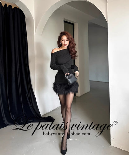 Le Palais Vintage Luxury Plain Black High Waist Hip Fur Rim Short Cocktail Skirt-Avery.