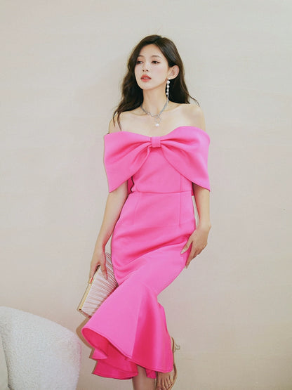 DOLLY Elegant Pink Big Bow Tube Top Off Shoulder Ruffled Fish Tail Dress-ZAYNAB
